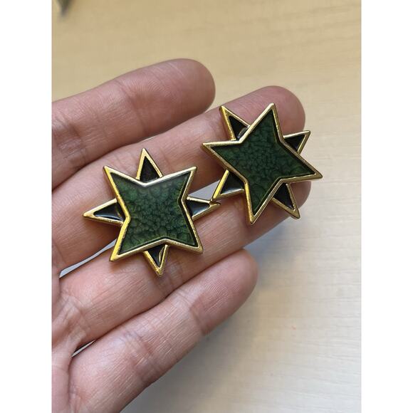 Vintage Yves Saint Laurent Gold YSL Green Enamel Starburst 80s Style RARE Studs - Picture 3 of 10